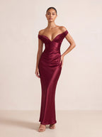 EGLANTINE | OFF SHOULDER CORSET SATIN MAXI DRESS - Burgundy
