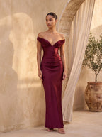 EGLANTINE | OFF SHOULDER CORSET SATIN MAXI DRESS - Burgundy