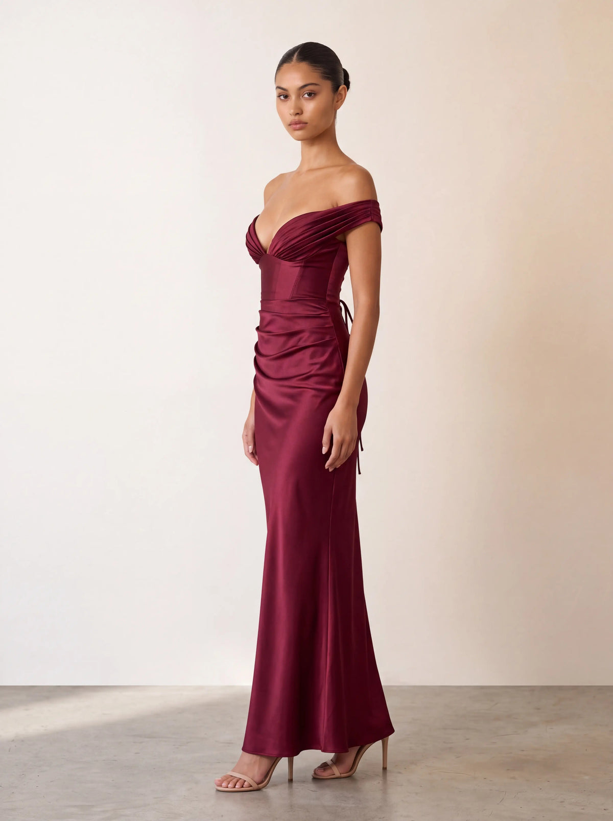 EGLANTINE | OFF SHOULDER CORSET SATIN MAXI DRESS - Burgundy