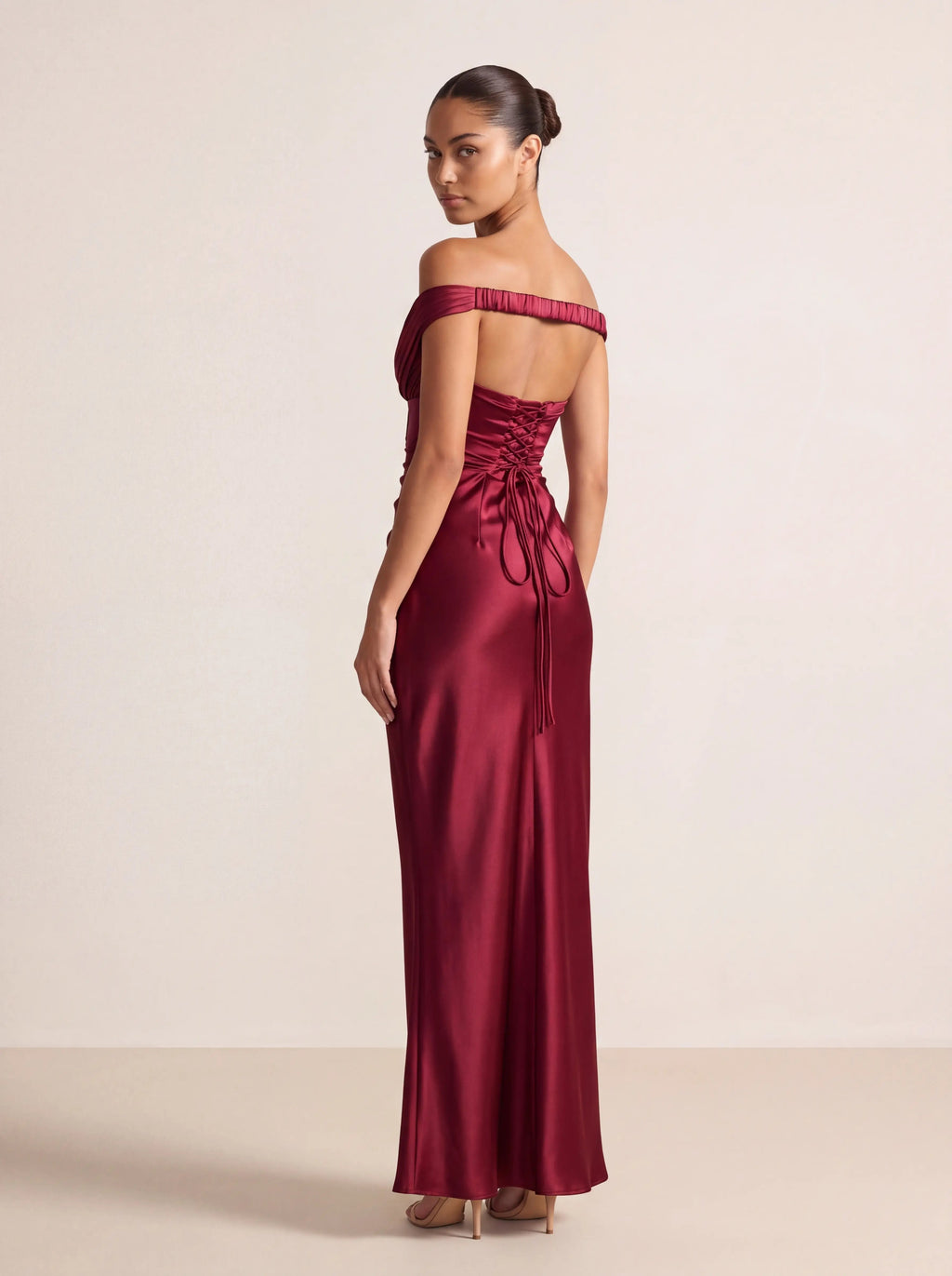 EGLANTINE | OFF SHOULDER CORSET SATIN MAXI DRESS - Burgundy