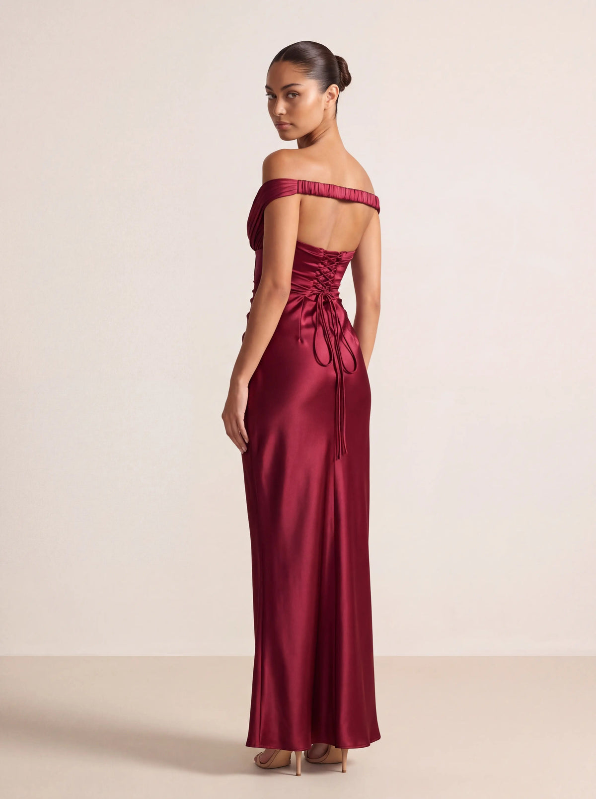 EGLANTINE | OFF SHOULDER CORSET SATIN MAXI DRESS - Burgundy