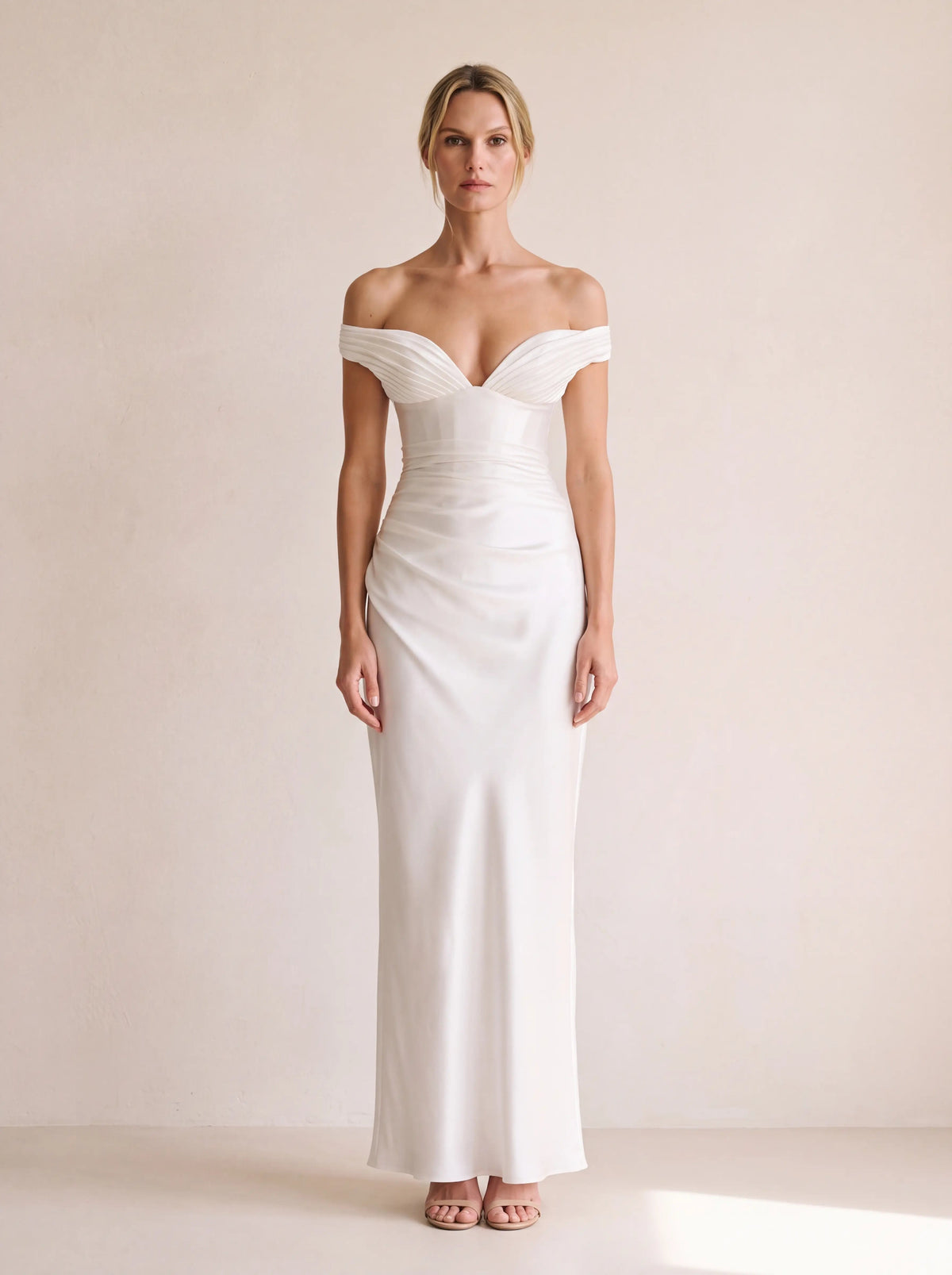 EGLANTINE | OFF SHOULDER CORSET SATIN MAXI DRESS - Ivory