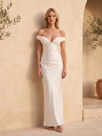 EGLANTINE | OFF SHOULDER CORSET SATIN MAXI DRESS - Ivory