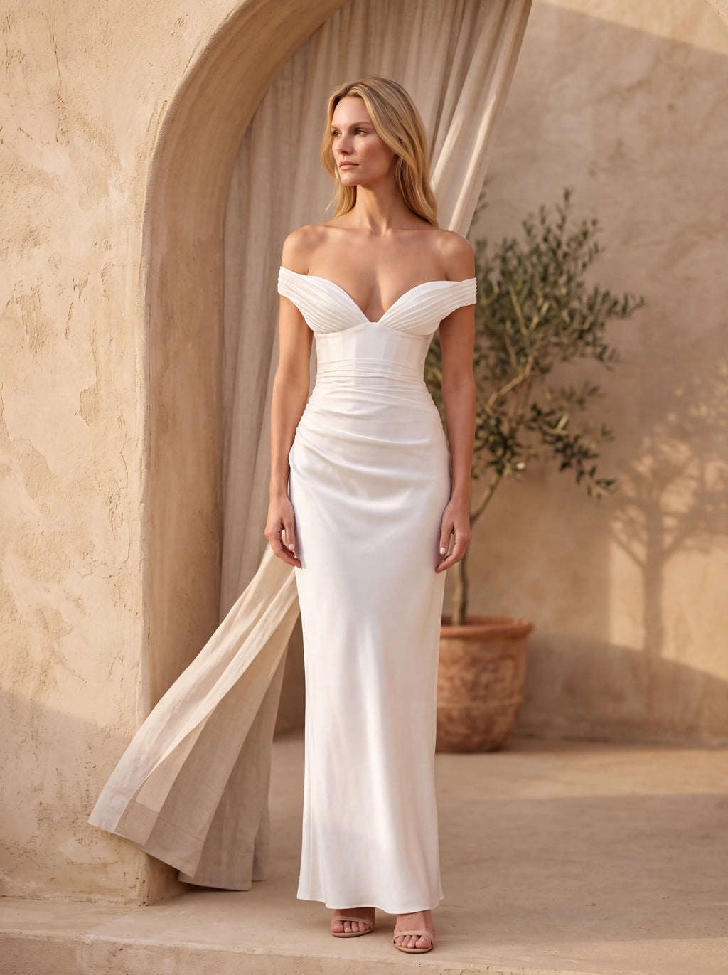 EGLANTINE | OFF SHOULDER CORSET SATIN MAXI DRESS - Ivory