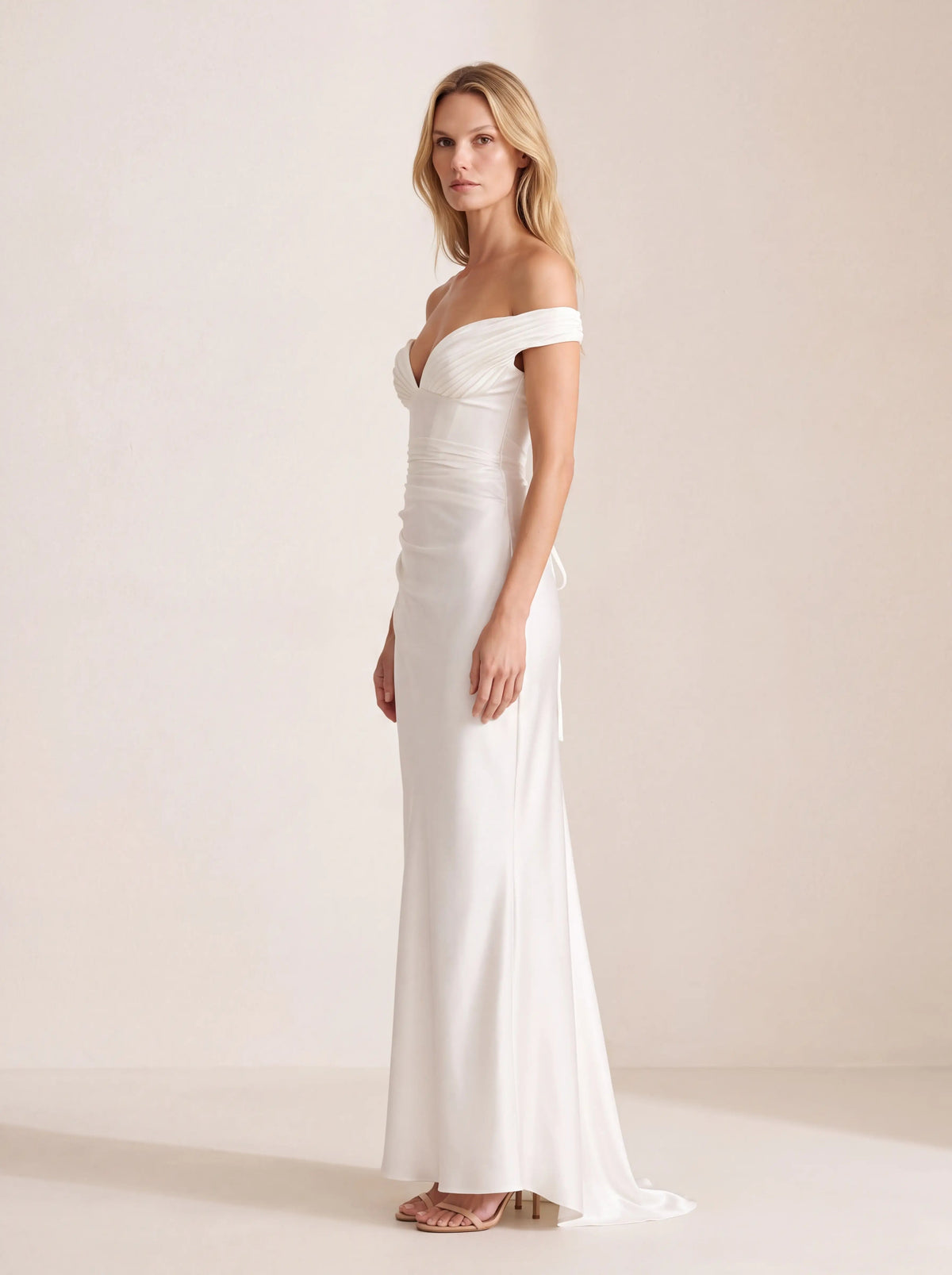 EGLANTINE | OFF SHOULDER CORSET SATIN MAXI DRESS - Ivory