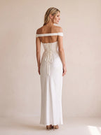 EGLANTINE | OFF SHOULDER CORSET SATIN MAXI DRESS - Ivory