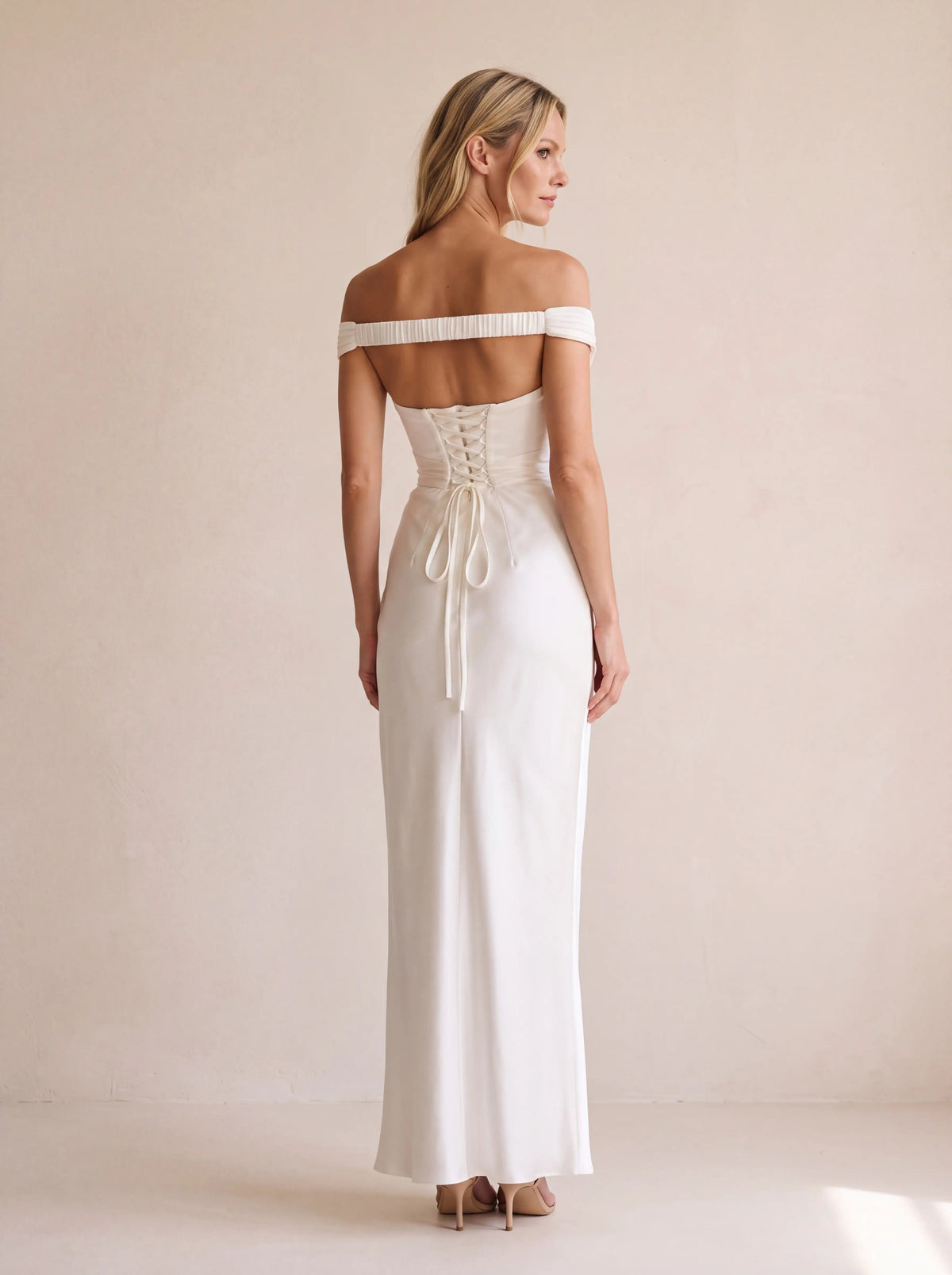 EGLANTINE | OFF SHOULDER CORSET SATIN MAXI DRESS - Ivory