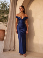 EGLANTINE | OFF SHOULDER CORSET SATIN MAXI DRESS - Navy