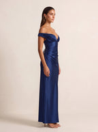 EGLANTINE | OFF SHOULDER CORSET SATIN MAXI DRESS - Navy