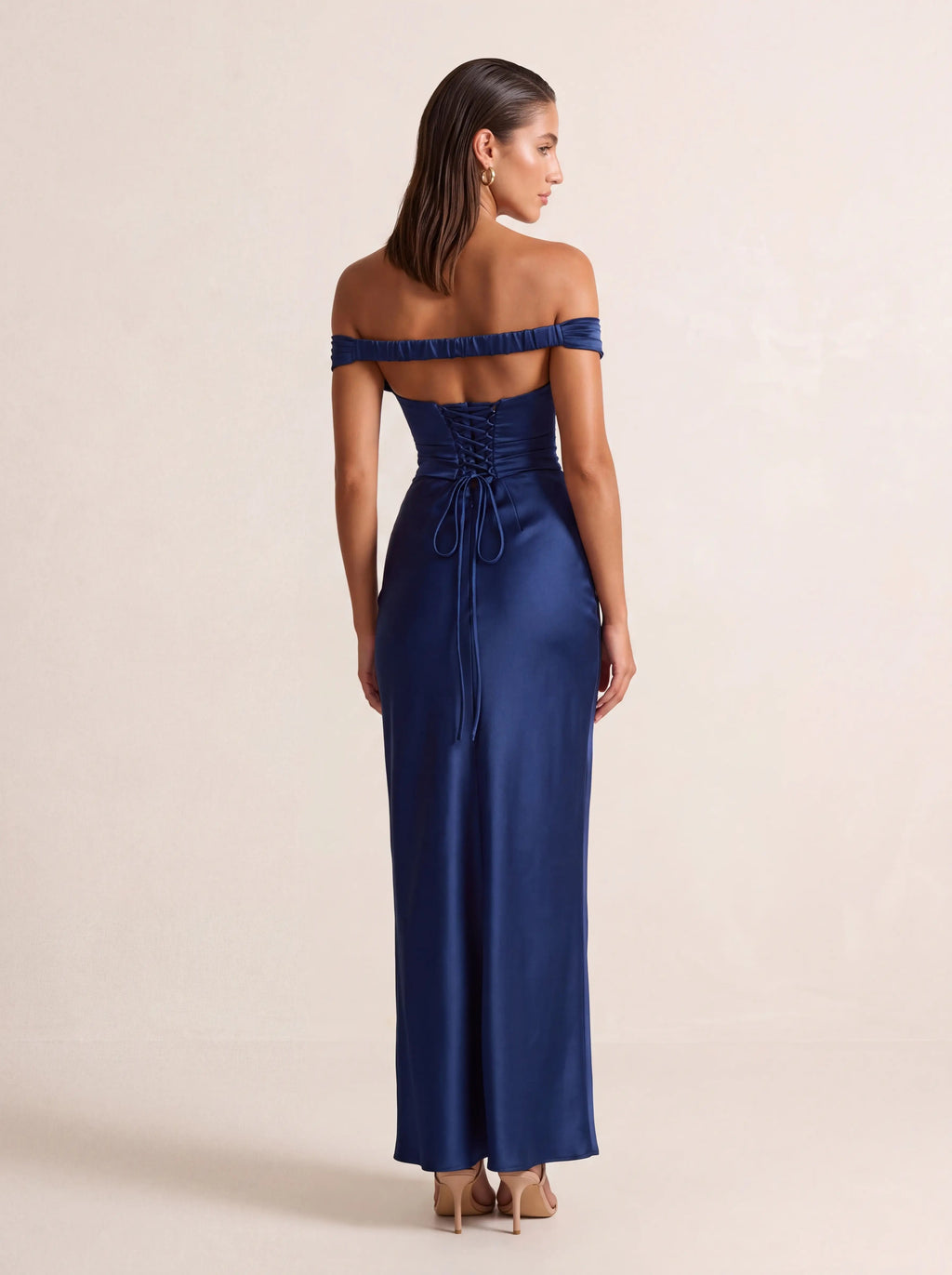 EGLANTINE | OFF SHOULDER CORSET SATIN MAXI DRESS - Navy