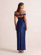 EGLANTINE | OFF SHOULDER CORSET SATIN MAXI DRESS - Navy
