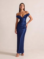 EGLANTINE | OFF SHOULDER CORSET SATIN MAXI DRESS - Navy