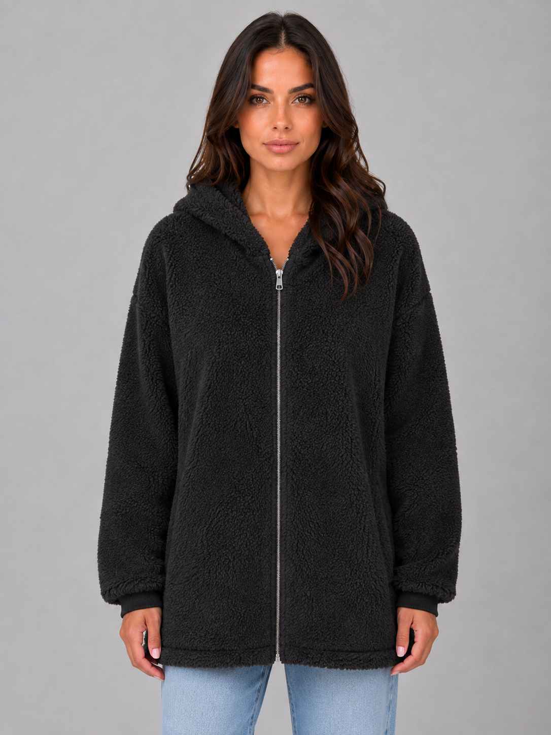 ELAINA | LONGLINE HOODED TEDDY CARDIGAN - Black