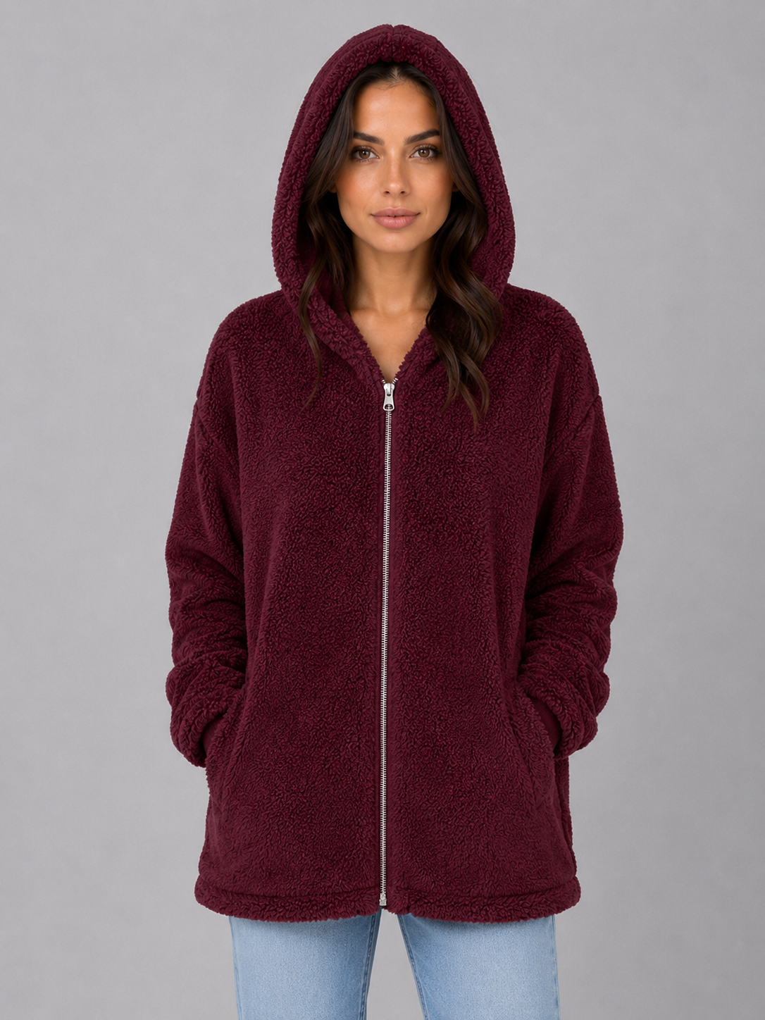 ELAINA | LONGLINE HOODED TEDDY CARDIGAN - Burgundy