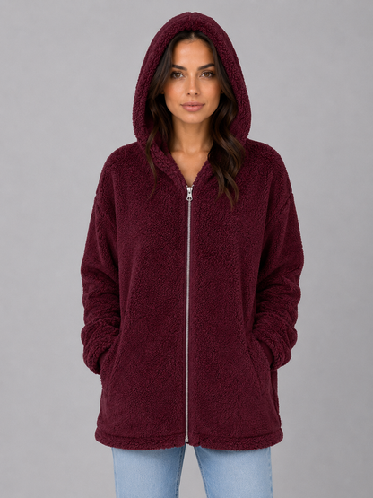 ELAINA | LONGLINE HOODED TEDDY CARDIGAN - Burgundy