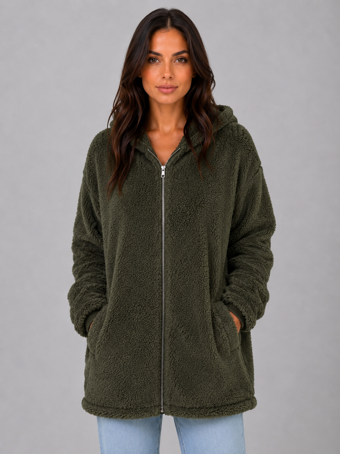 ELAINA | LONGLINE HOODED TEDDY CARDIGAN - Dark Green