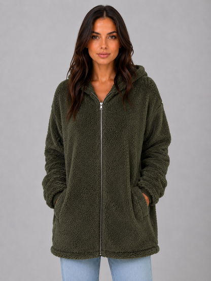 ELAINA | LONGLINE HOODED TEDDY CARDIGAN - Dark Green