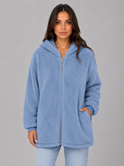 ELAINA | LONGLINE HOODED TEDDY CARDIGAN - Light Blue