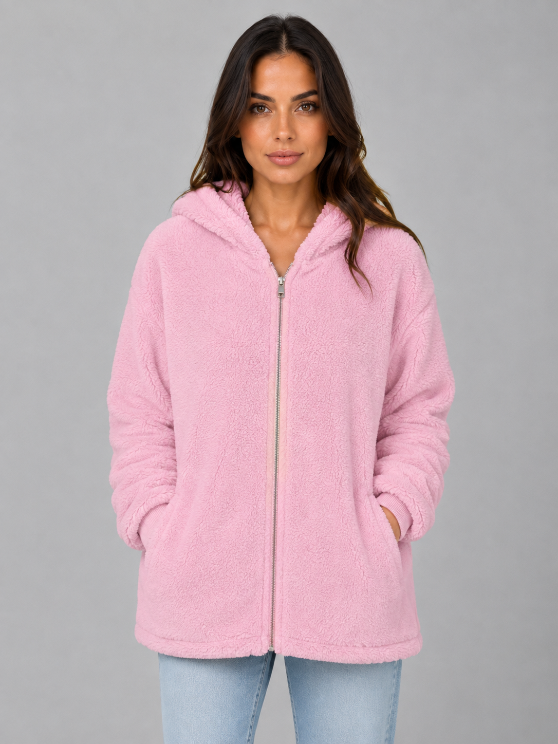 ELAINA | LONGLINE HOODED TEDDY CARDIGAN - Pink
