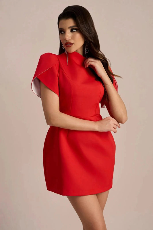 Red mini dress with ruffled short sleeves and high neckline