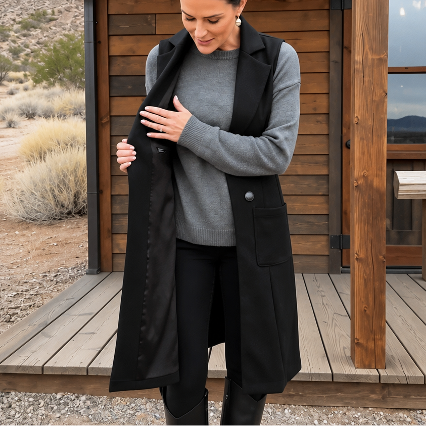 ELIN | LONG DOUBLE-BREASTED FAUX SUEDE VEST - Black