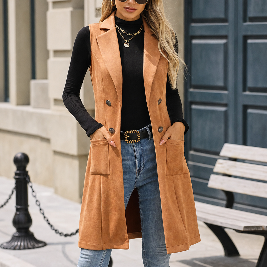 ELIN | LONG DOUBLE-BREASTED FAUX SUEDE VEST - Camel