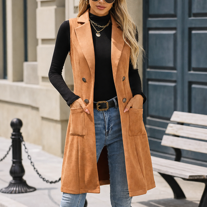 ELIN | LONG DOUBLE-BREASTED FAUX SUEDE VEST - Camel