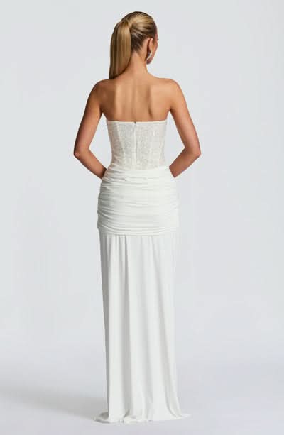 Ivory beaded sweetheart strapless maxi dress with ruched waist and flowing train