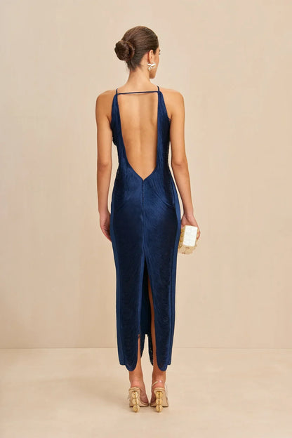 ELIORA | HALTER SATIN MAXI DRESS - Navy Blue