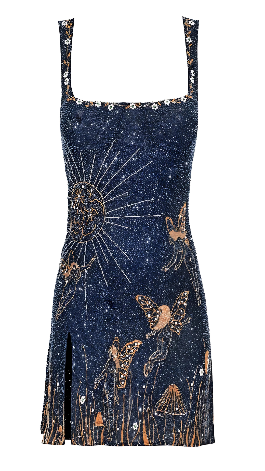 Close-up navy sequin mini dress with sun and butterfly beaded embroidery