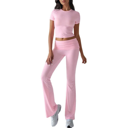 Pink short-sleeve crop tee with ruched waist flare pants set