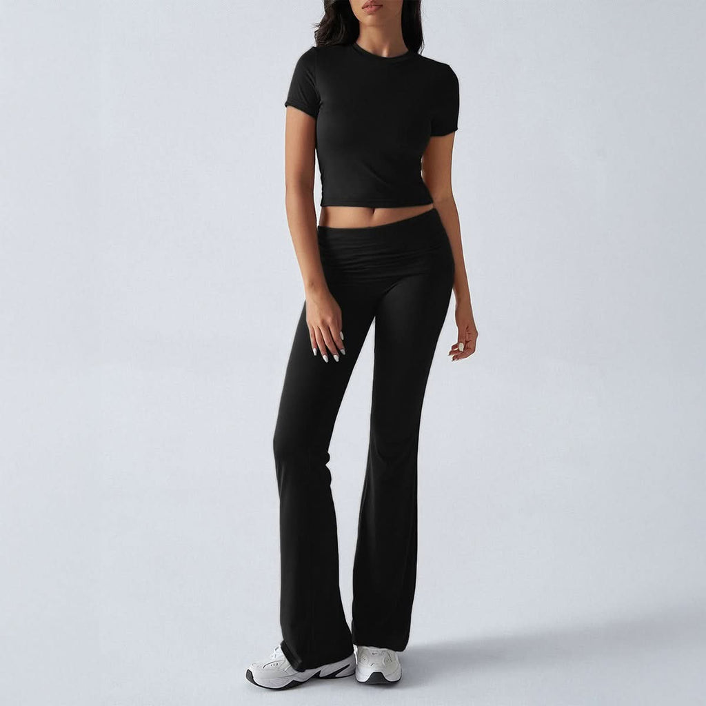 Black fitted short-sleeve crop top and flare pants outfit