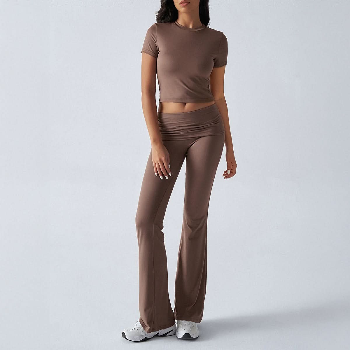Taupe short-sleeve crop tee with ruched high-waist flare pants