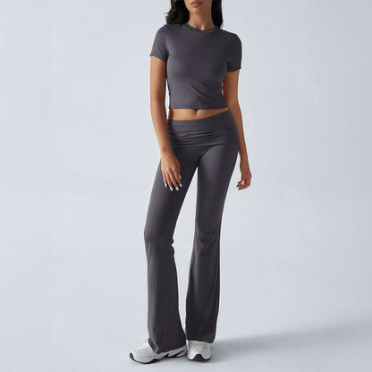 Charcoal gray crop top and high-waist flare pants set