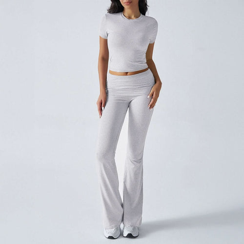 Light gray short-sleeve crop top and flare pants two-piece set