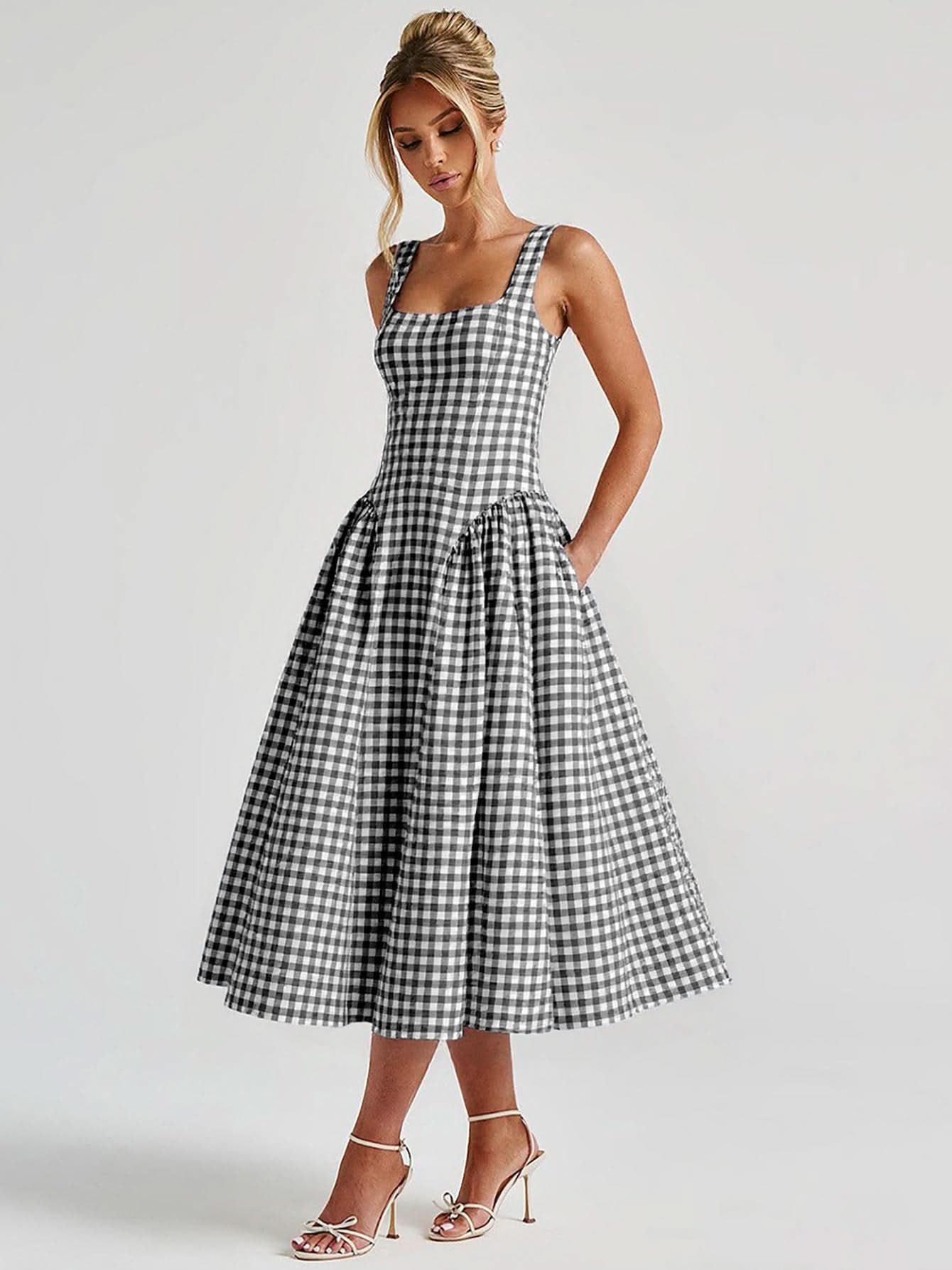 Black and white gingham midi dress with square neckline and full skirt
