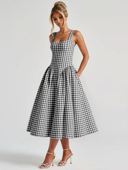 Black and white gingham midi dress with square neckline and full skirt