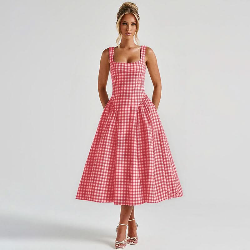 Red and white gingham midi dress with square neckline and full skirt