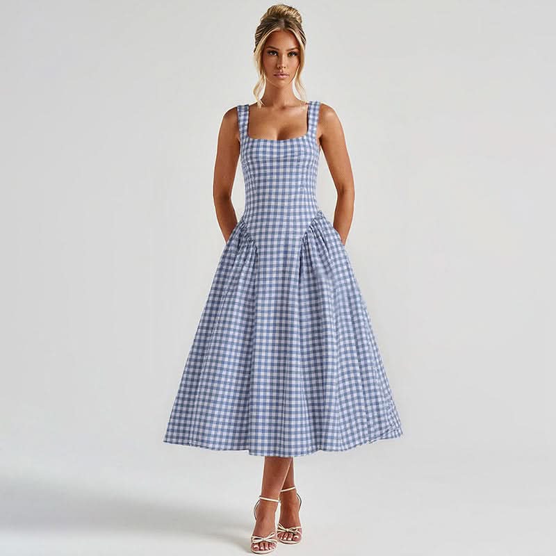 Blue gingham midi dress with square neckline and full skirt