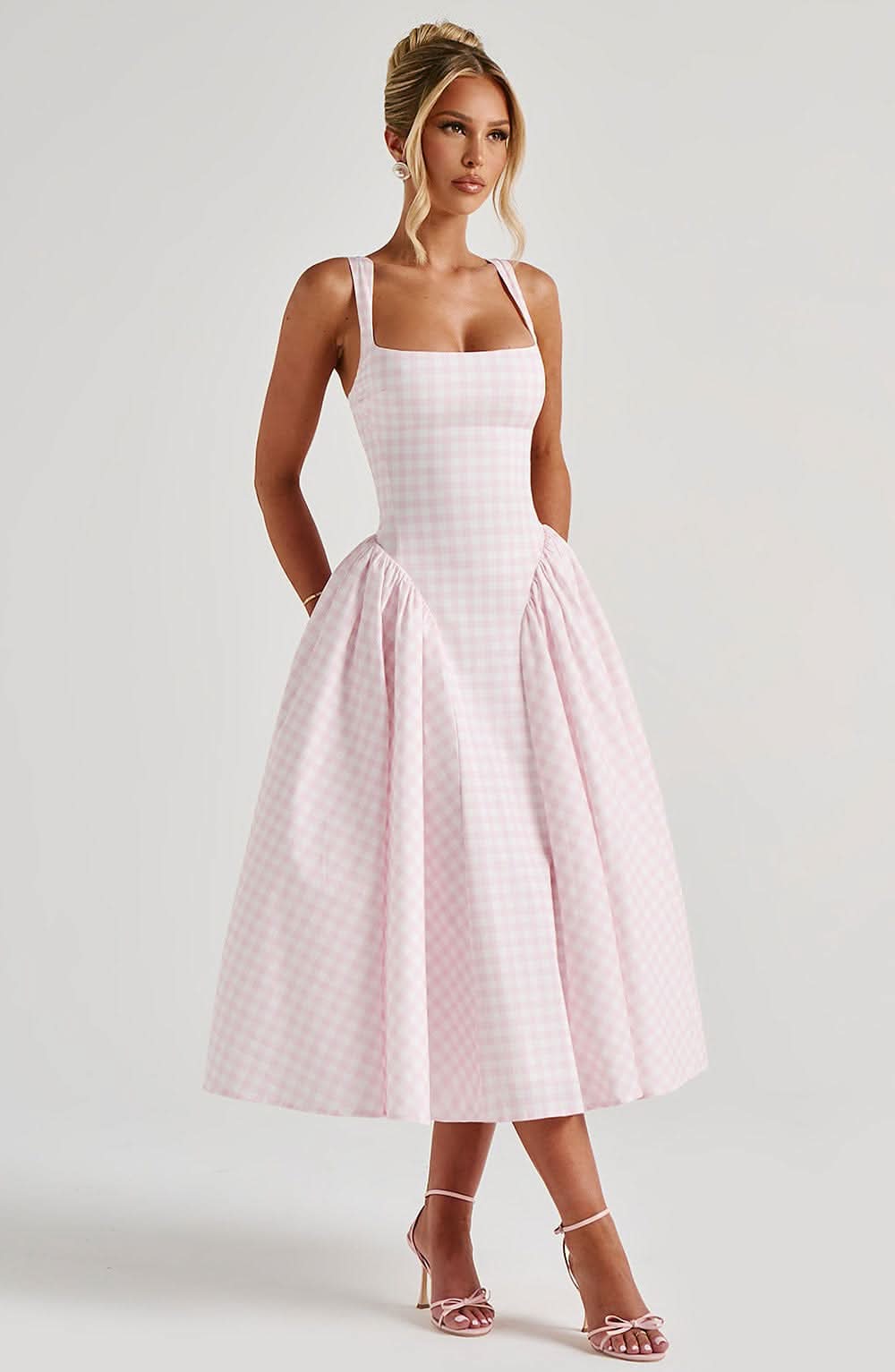 Pink gingham midi dress with square neckline and full skirt