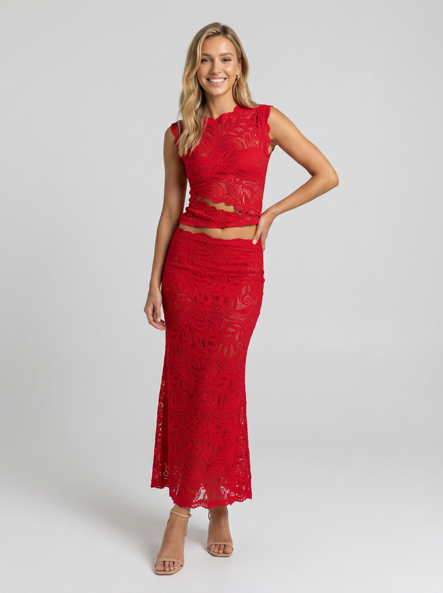 ELOWYN | CUTOUT LACE SKIRT SET - Red