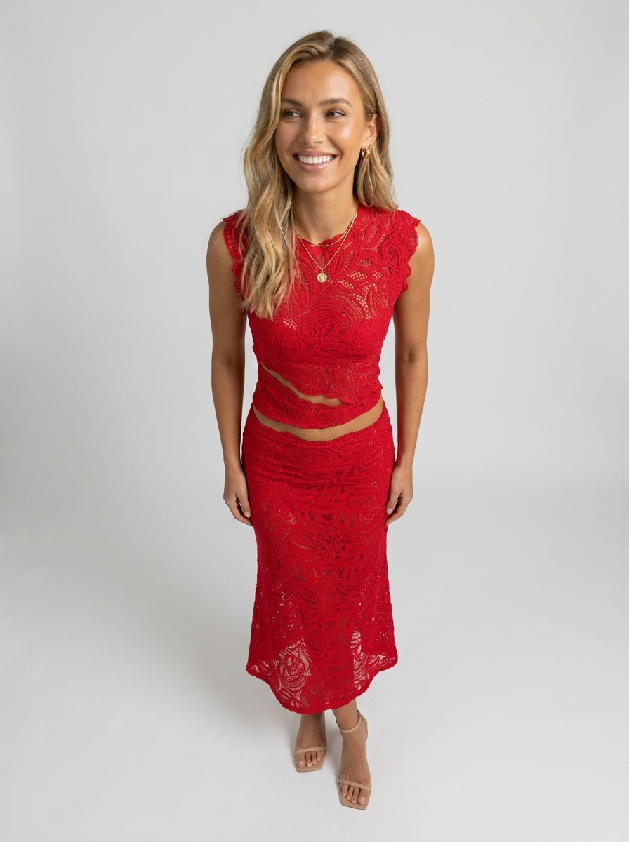 ELOWYN | CUTOUT LACE SKIRT SET - Red