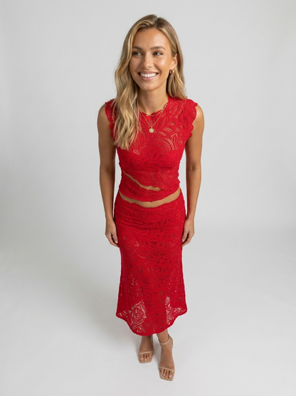 ELOWYN | CUTOUT LACE SKIRT SET - Red