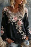 ELSBETH | ROSE EMBROIDERED LACE BLOUSE - Black Floral