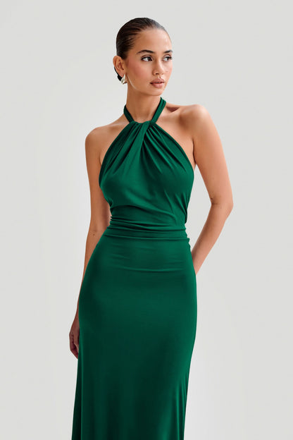 Front detail of green halter neck maxi dress with gathered bust