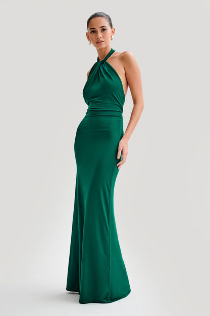 Front detail of green halter neck maxi dress with gathered bust
