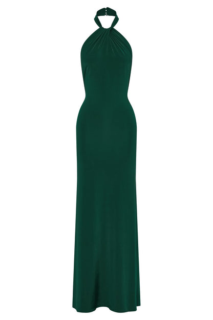Full-length flat lay of green halter maxi dress on white background