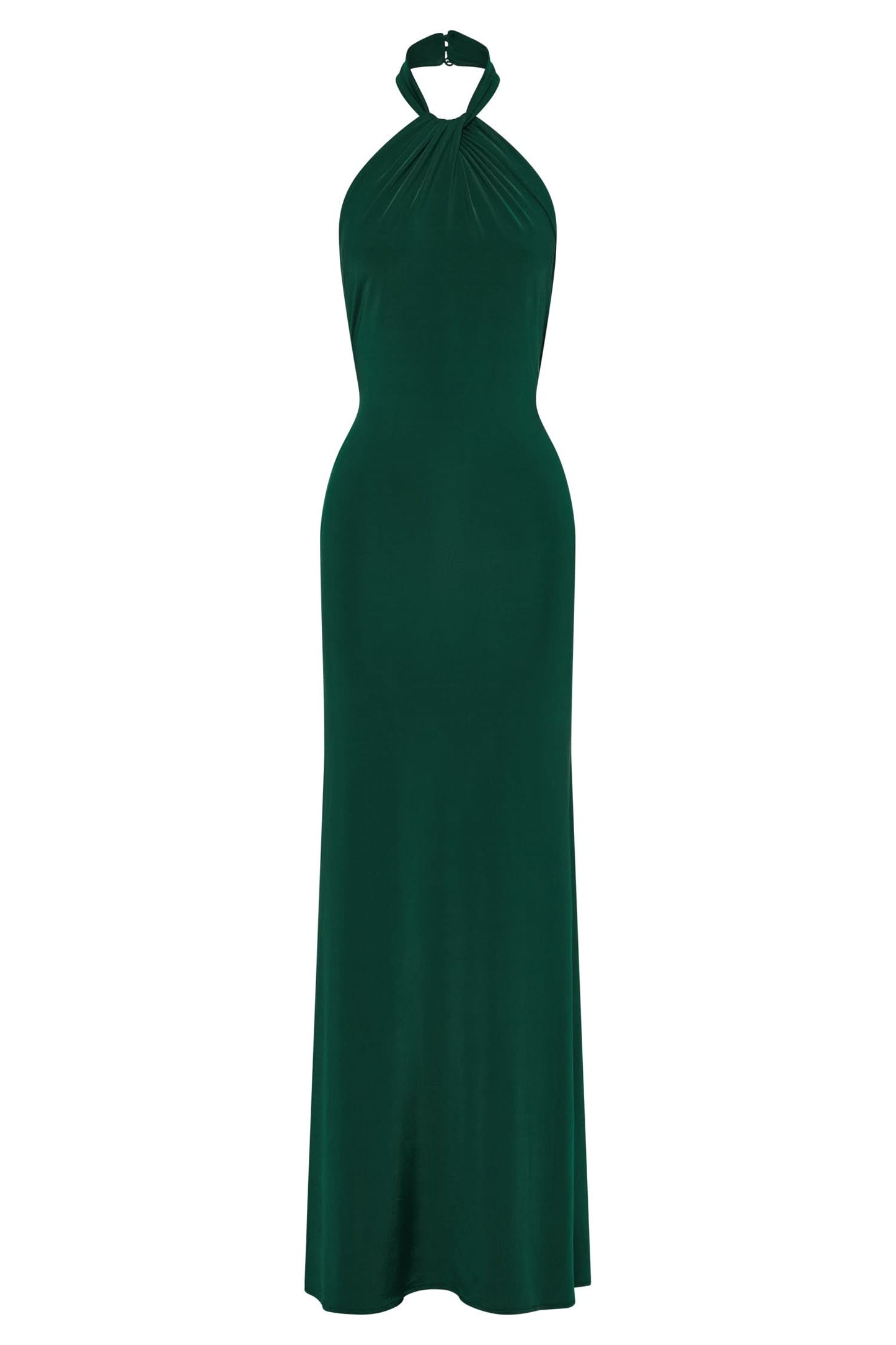 Front view of taupe halter maxi dress with ruched waist detail