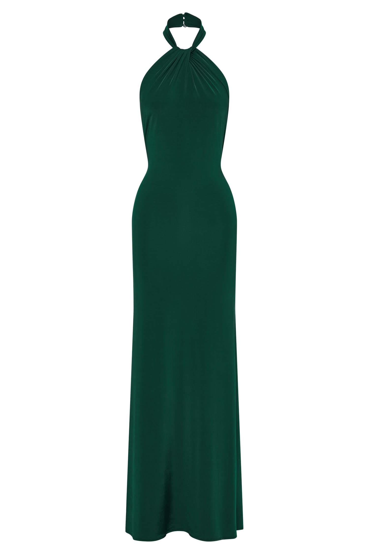 Front view of taupe halter maxi dress with ruched waist detail