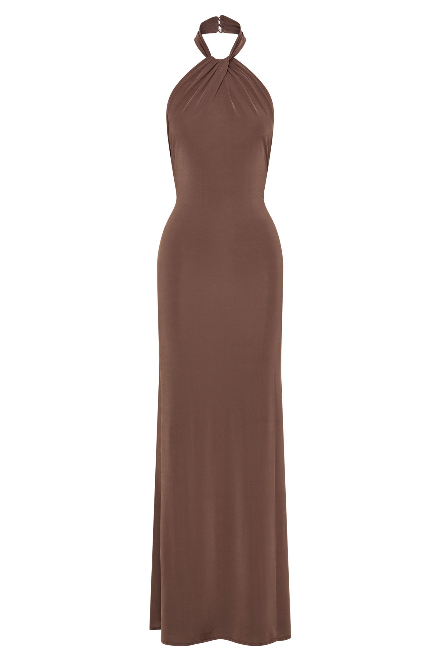 Brown halter maxi dress full length front view
